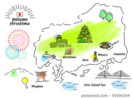 Hand-drawn simple line drawing illustration map of tourist spots in Hiroshima 93000264