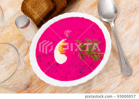 Traditional Russian Holodnik, cold yogurt beetroot soup with cucumber decorated by egg and dill Traditional Russian Holodnik, cold yogurt beetroot soup with cucumber decorated by egg and dill 93000857