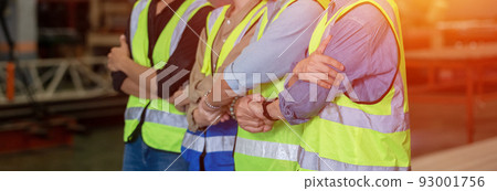 Close up half body engineer professional successful team corporate workers standing in factory.. 93001756