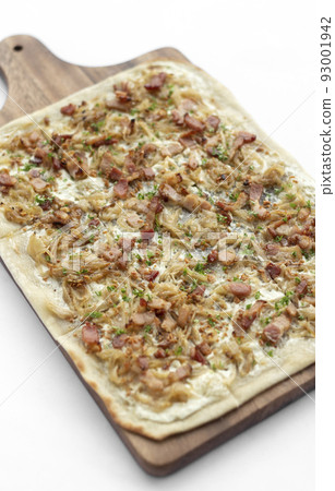 Flammkuchen tarte flambee rectangular pizza with bacon and chicken Flammkuchen tarte flambee rectangular pizza with bacon and chicken 93001942
