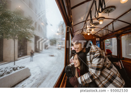 couple passenger riding classic train during their trip in turkey couple passenger riding classic train during their trip in turkey 93002530