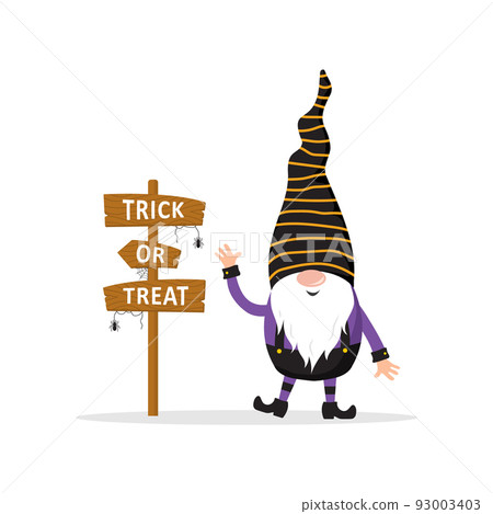 Halloween gnome. Cute scandinavian dwarf with sign trick or treat. Dwarf celebrate spooky night. Happy holiday poster. Vector illustration in flat cartoon style 93003403