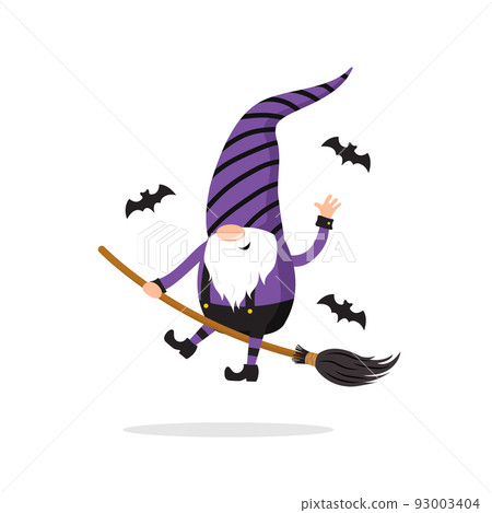Halloween gnome. Cute scandinavian dwarf flying broomstick. Dwarf celebrate spooky night. Happy holiday poster. Vector illustration in flat cartoon style Halloween gnome. Cute scandinavian dwarf flying broomstick. Dwarf celebrate spooky night. Happy holiday poster. Vector illustration in flat cartoon style 93003404