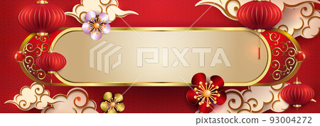Oval frame with golden border, flowers and lanterns in paper art style 93004272