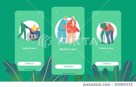 Medical Care Mobile App Page Onboard Screen Template. Volunteers Characters Help to Seniors, Push Wheelchair, Walk 93004335