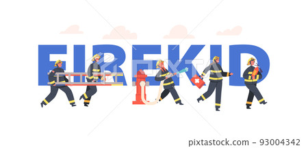 Firekid Concept, Poster with Children Fire Fighters Characters in Uniform Holding Ladder, First Aid Kit, Extinguisher Firekid Concept, Poster with Children Fire Fighters Characters in Uniform Holding Ladder, First Aid Kit, Extinguisher 93004342