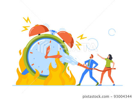 Office Man and Woman Extinguish Huge Burning Clock with Water Hose. Time is Over Concept with Male Female Characters Office Man and Woman Extinguish Huge Burning Clock with Water Hose. Time is Over Concept with Male Female Characters 93004344