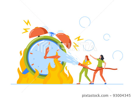 Deadline, Overtime, Time is Over Concept. Tiny Female Character Extinguish Huge Burning Alarm Clock with Ringing Bell Deadline, Overtime, Time is Over Concept. Tiny Female Character Extinguish Huge Burning Alarm Clock with Ringing Bell 93004345