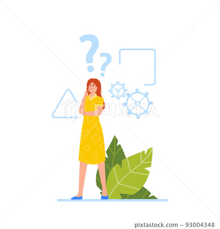 Female Character with Critical Thinking, Woman with Geometrical Shapes, Cogwheels and Question Mark over Head Female Character with Critical Thinking, Woman with Geometrical Shapes, Cogwheels and Question Mark over Head 93004348