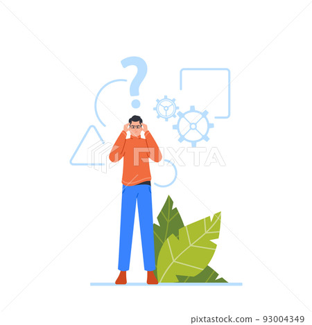 Male Character with Critical Thinking, Man in Glasses with Geometrical Shapes, Cogwheels and Question Mark over Head 93004349