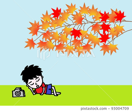 在秋葉前睡覺和等待的攝像男孩 在秋葉前睡覺和等待的攝像男孩 93004709