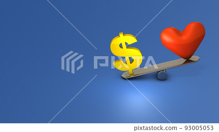 美元符號和心形符號的比較。天平向金錢傾斜。代表金錢對心臟的重要性的抽象概念。 93005053