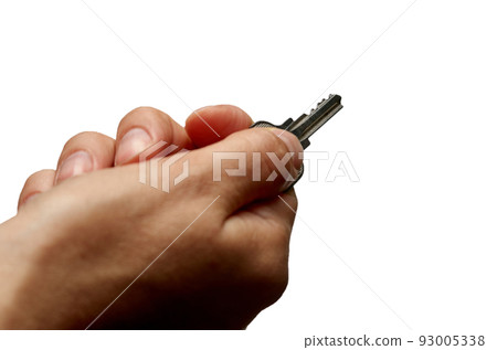 Close up of human hand with key isolated on white background Close up of human hand with key isolated on white background 93005338