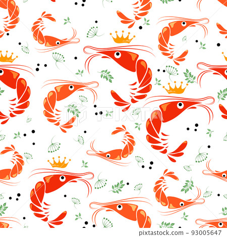 King prawns with spicy herbs. Seafood. Seamless pattern. Background image with shrimps for the thematic site, textile, bar, restaurant, seafood store, packaging design. Vector illustration 93005647