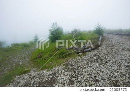 Fork in the mountain trail in the fog 93005775