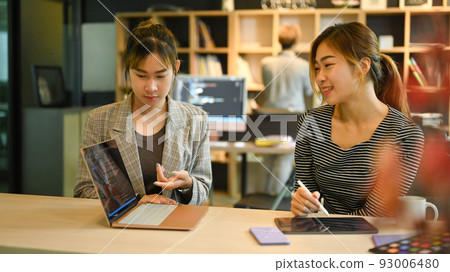 Software developers colleagues sharing creative idea, working with coded data in corporate office 93006480