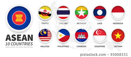 ASEAN . Association of Southeast Asian Nations and membership flags . Flat simple circle design with white frame . South east asia map on background . Vector . ASEAN . Association of Southeast Asian Nations and membership flags . Flat simple circle design with white frame . South east asia map on background . Vector . 93008331