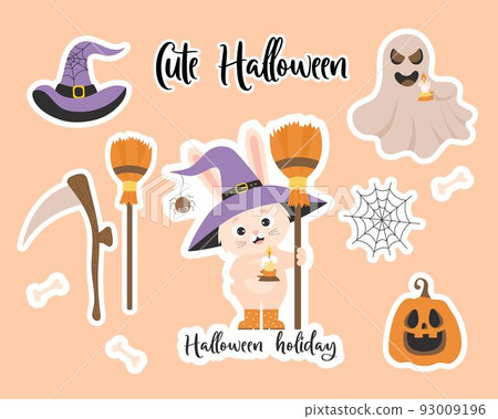 Collection of Halloween stickers. Cute bunny character in witch hat with broom and candle, pumpkin lantern jack, cobweb, ghost, witch hat, scythe and broom. Isolated vector elements for decor, design. 93009196