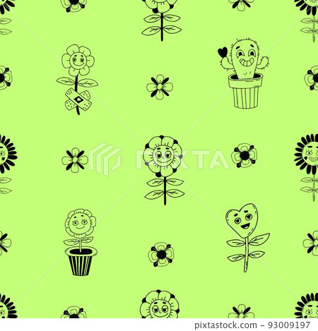 Retro seamless pattern with groovy element. Cute cartoon characters with faces funky flower power with patch, daisy flowers, cactus flower pot on green background. Vector linear hand drawn doodle. 93009197
