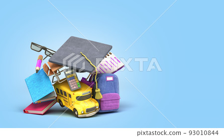 back to school concept school supply flying in air around yellow bus 3d illustration on blue gradient 93010844