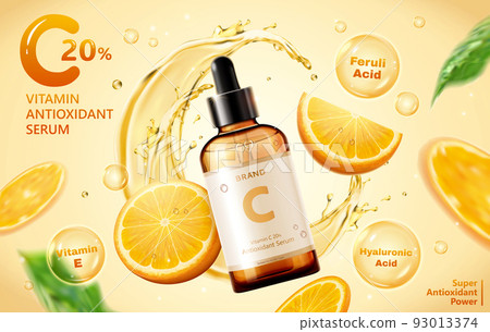 3d illustration of ultra hydrating facial serum ad, designed dropper bottle over sliced tangerine floating and liquid splash swirl in background. Skincare concept. 93013374