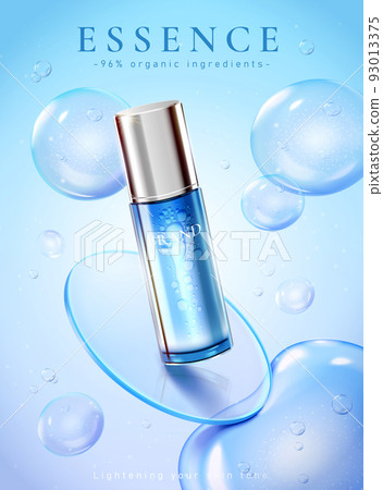 3d illustration of essence product ad. Realistic gel bottle over blue glass disc and bubbles on light blue background. 93013375