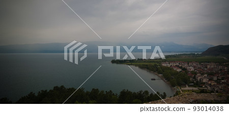 Panoramic aerial view to Ohrid lake and city from Samuels Fortress, North Macedonia Panoramic aerial view to Ohrid lake and city from Samuels Fortress, North Macedonia 93014038