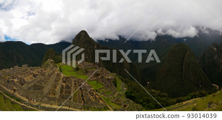 Aerial Panoramic view to Machu Picchu archaeological site and Huayna Picchu mountain , Cuzco, Peru 93014039