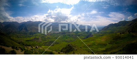 Aerial panoramic view to Colca canyon and Madrigal city from the Madrigal viewpoint, Chivay, Arequipa, Peru 93014041