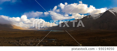 Panoramic view to lakes at Barskoon pass, river and gorge and Sarymoynak pass, Jeti-Oguz, Kyrgyzstan 93014050