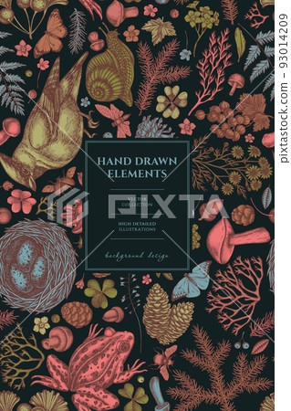 Mysterious forest pattern card design. Hand drawn waxwing, snail, nest, pool frog, moss, spruce branch, pine cones, chamomile, insect, aspen mushroom, red currant, oak, ginkgo, rowan, forget me not 93014209