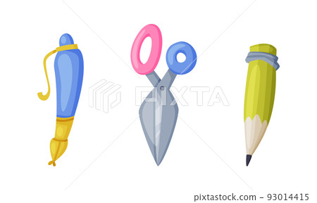 Set of school supplies. Pen, scissors, pencil stationery. Back to school concept cartoon vector illustration Set of school supplies. Pen, scissors, pencil stationery. Back to school concept cartoon vector illustration 93014415