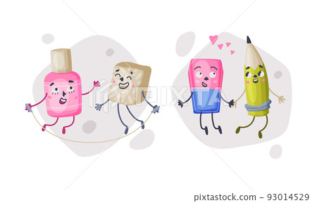 Set of funny school supplies characters. Eraser and correction fluid, pencil and sharpener are best friends cartoon vector illustration 93014529