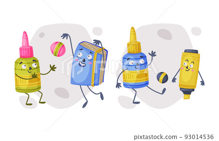 Set of funny school supplies characters. Notebook, highlighter and correction fluid are best friends cartoon vector illustration 93014536