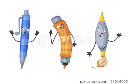 Set of funny school supplies characters. Pen, crayon, brush stationery mascots with cute faces cartoon vector illustration 93014605