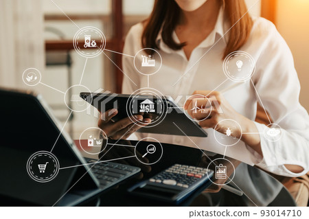 Business working with reduce CO2 concept with icons, global warming such as reforest green factory recycle and zero carbon dioxide emission concept. with VR icon at office Business working with reduce CO2 concept with icons, global warming such as reforest green factory recycle and zero carbon dioxide emission concept. with VR icon at office 93014710