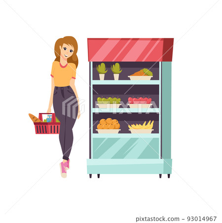 Food Shopping Woman with Basket and Meal Vector 93014967