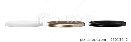 Black, white and golden podiums isolated on white background. Elegant podium for product, cosmetic presentation. Luxury mock up. Pedestal or platform for beauty products. Empty scene. 3D rendering. 93015442