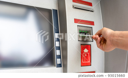 Atm money machine cash. Money bank credit card holding hand. Withdraw money cash from atm. Bank credit card, us dollar. 93015660