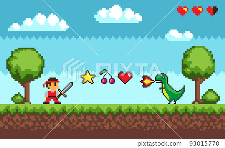 Level of Pixel Game between Man and Dragon Vector Level of Pixel Game between Man and Dragon Vector 93015770