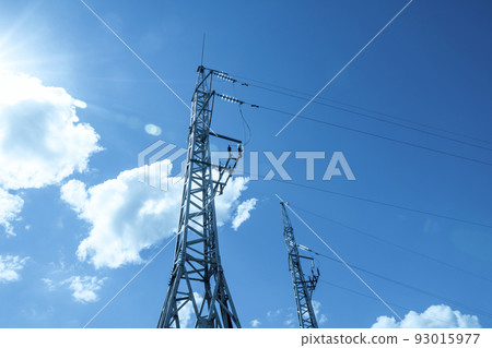 High voltage tower with electricity transmission power lines High voltage tower with electricity transmission power lines 93015977