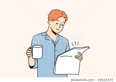 Man in pyjama drink coffee read newspaper Man in pyjama drink coffee read newspaper 93016335