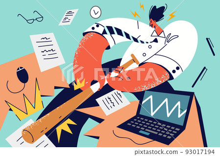 Furious businessman crash office desk Furious businessman crash office desk 93017194