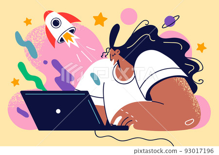 Female employee work on computer on project launch  93017196