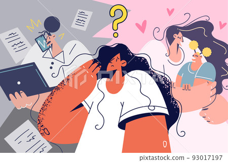 Confused woman think of career and family Confused woman think of career and family 93017197
