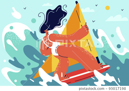 Happy woman windsurfing in sea Happy woman windsurfing in sea 93017198