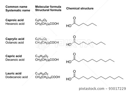Medium-chain fatty acids, MCFAs, chemical structures. Contained in medium-chain triglycerides, who produce more ketone bodies than normal dietary fats, hence they are used in a ketogenic diet. Vector. Medium-chain fatty acids, MCFAs, chemical structures. Contained in medium-chain triglycerides, who produce more ketone bodies than normal dietary fats, hence they are used in a ketogenic diet. Vector. 93017229
