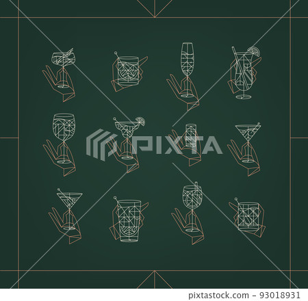 Set of hand holding cocktail drinks art deco green Set of hand holding cocktail drinks art deco green 93018931