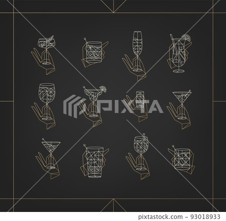 Set of hand holding cocktail drinks art deco black Set of hand holding cocktail drinks art deco black 93018933