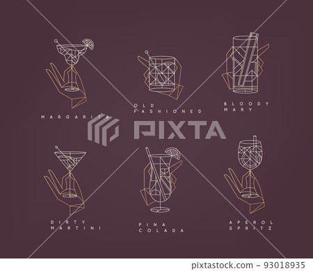 Set of hands holding cocktails glasses art deco red Set of hands holding cocktails glasses art deco red 93018935